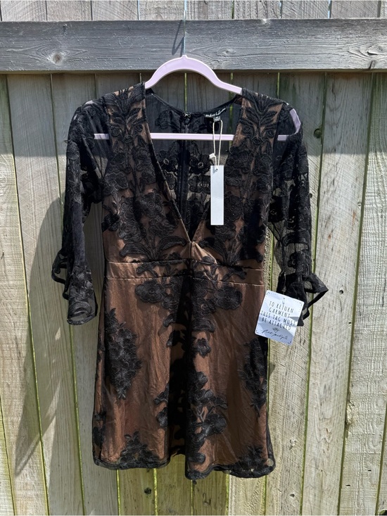 For Love And Lemons Dresses & Skirts - For Love & Lemons Black Lace Overlay Brown Mini Dress Size Medium NWT